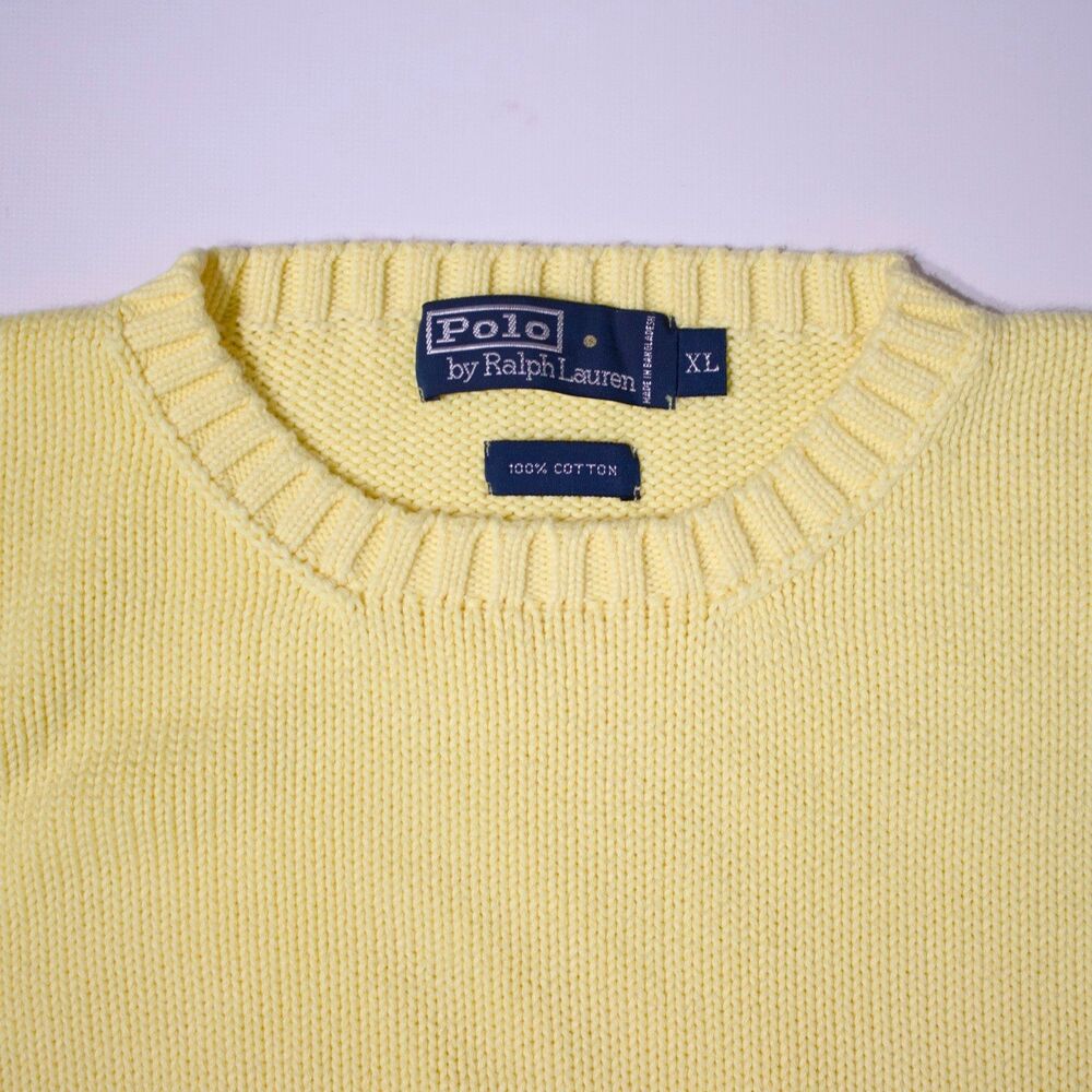 VTG 90s Polo Ralph Lauren Yellow Knit Crewneck Sweater Embroidered Pony Men XL - Picture 7 of 8
